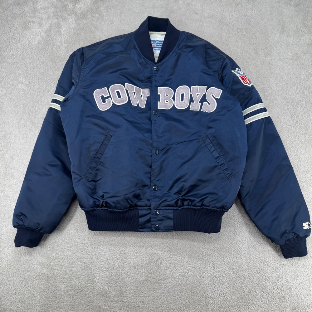 Vintage Starter Mens Dallas Cowboys Bomber Jacket Large Navy Blue Preowned NFL